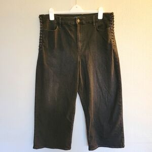 LAUREN RALPH LAUREN Cropped Wide Leg Black Denim Jeans Leather Lace Plus Size 18